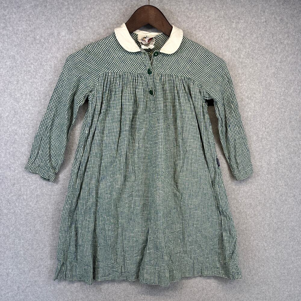 Vintage Fiorucci Dress Childrens Girl Size 6 Green Checkered Button Front A-Line
